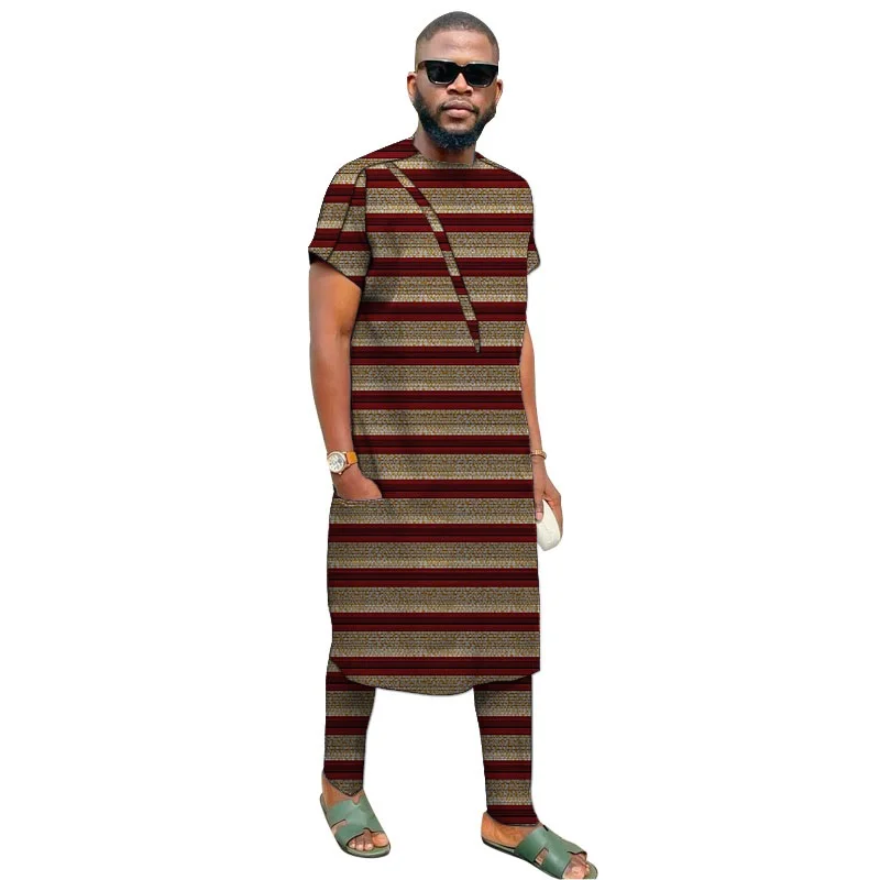 

Elegant Long Shirt Men's Sets Short Sleeve Tops+Elastic Waist Pants African Groom Suits Male Wedding Party Outfits
