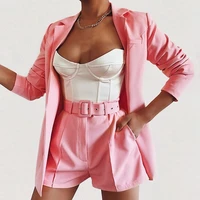 2022 new two piece female suit sexy office lady 2022 summer and autumn solid color lapel cardigan jacket and belt pants jumpsuit