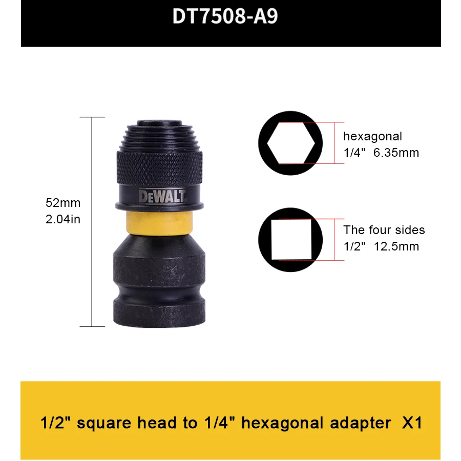 

Адаптер ударного ключа DEWALT DT7508-QZ 1/4 "шестигранный на 1/2" квадратный инструмент, аксессуары, набор гаечных ключей с храповым механизмом, преобразователь привода DT7508-A9