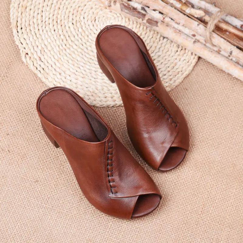 Thick-heeled Soft Leather Outer Slippers Fish Mouth Comfortable Versatile Mid-heeled Women Sandals Women's Mother's Shoes Women