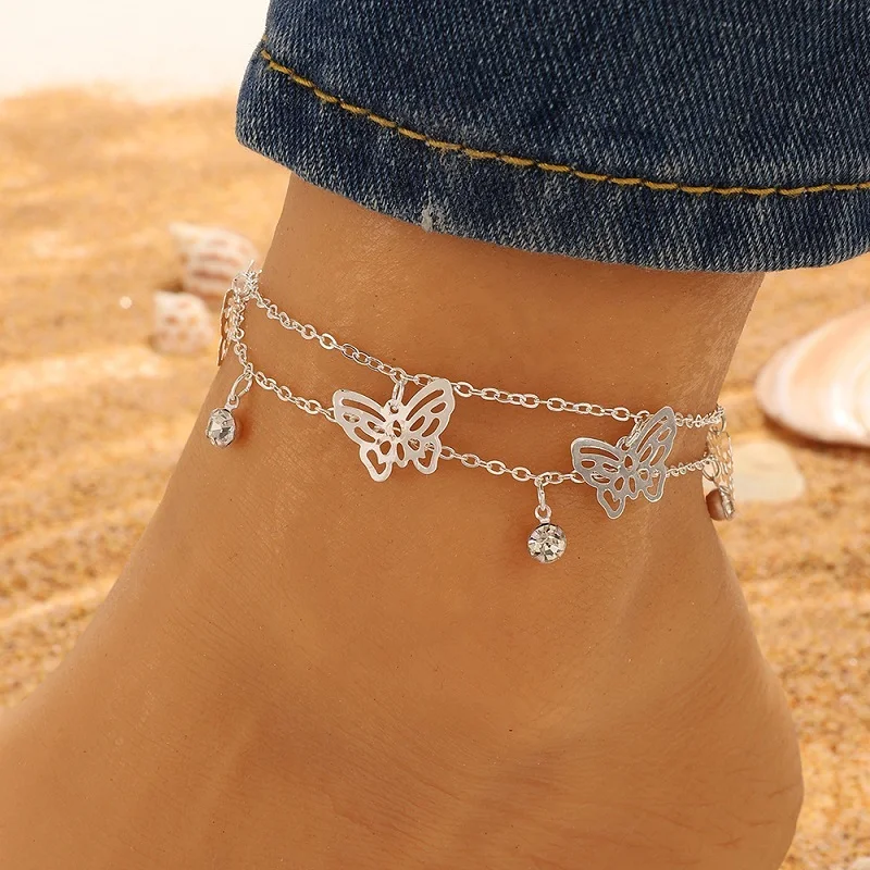 

Fashion Layered Chain Anklet Bracelet For Women Butterfly Love Heart Boho Barefoot Chain Anklets Jewelry Beach Accessories 1pcs