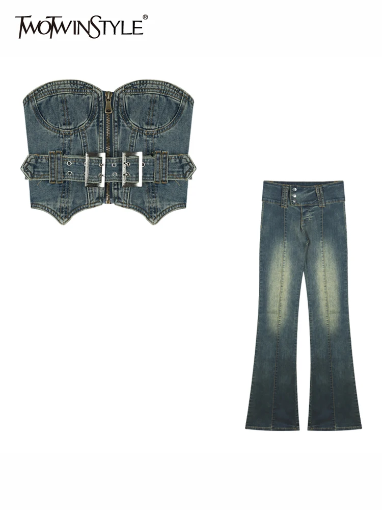 

TWOTWINSTYLE Korean Fashion Two Piece Set Womens Strapless Sleeve Tops Tank Tops High Waist Trousers Denim Sets Female Clothing