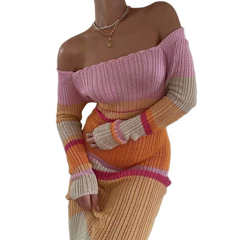 

Women's Knit Evening Dress Sexy Off Shoulder Dress Long Sleeves Dress for Summer 10CD