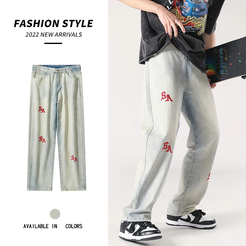 

embroidery wide Jeans Men Fashion New Loose Straight Casual Pants Soft Denim Women Cowboy Streetwear Hip Hop Trousers Male 2022