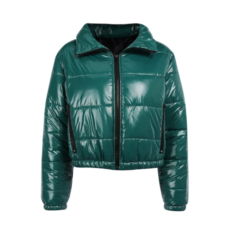 2023 European and American Women's Clothing Early Winter Trend Bright Face Stand Collar Solid Color Long-sleeved Cotton Jacket