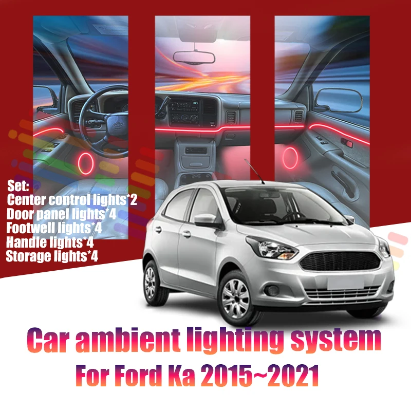 Фото Для Ford Ka 2015-2021 MK3: Светодиодные атмосферные лампы, цветная подсветка салона, неоновая лента 64 RGB, автозапчасти №1