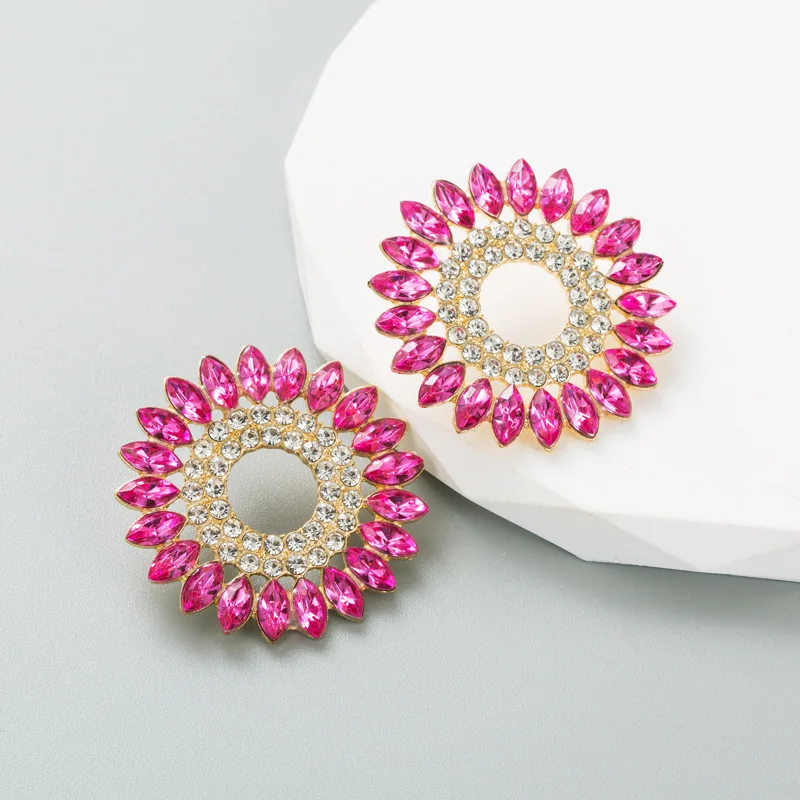 

Bohemia Big Round Colored Stones Crystals Statement Stud Women Girls Fashion Party Fuchsia Earring Jewelry