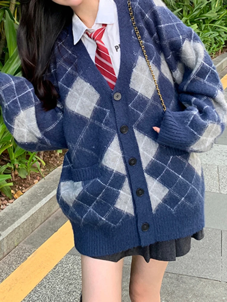 

WeiYao College Style Large Pocket Diamond Plaid Cardigan Loose Coat Trendy Egirl y2k Streetwear 2022 Fall Winter V-neck Sweater