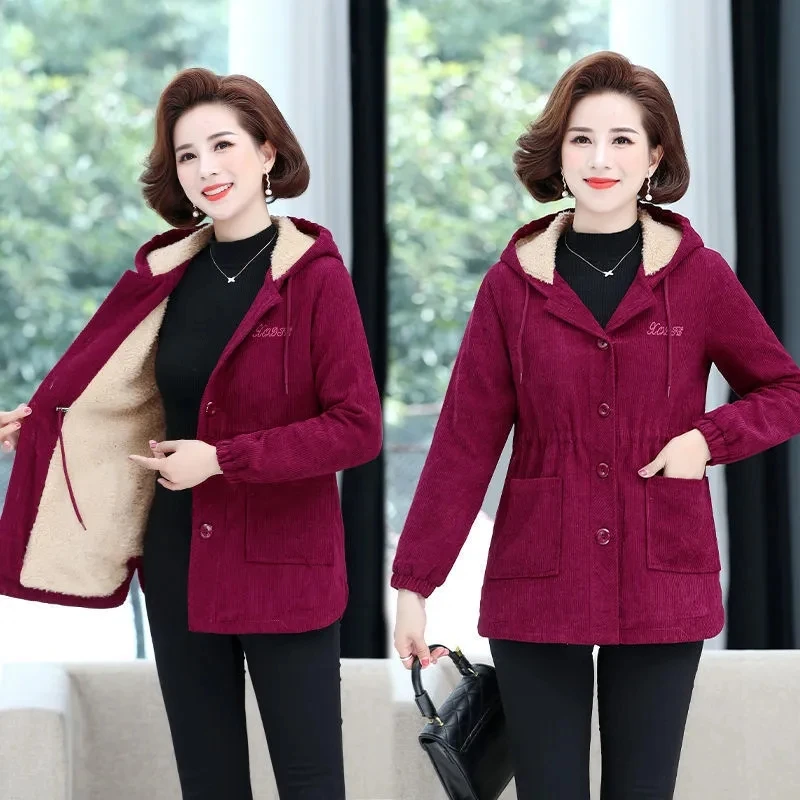 

2022 New Women Corduroy Jackets Autumn Winter Solid Loose Outwaer Female Casual Middle-aged Thicken Warm Hooded Female Overcoats