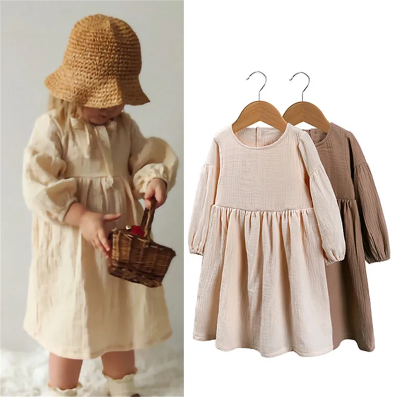

Autumn Spring Children's Clothes Organic Cotton Double Gauze Loose Baby Girls Dress Fashion Princess Casual Korean Kids Dresses