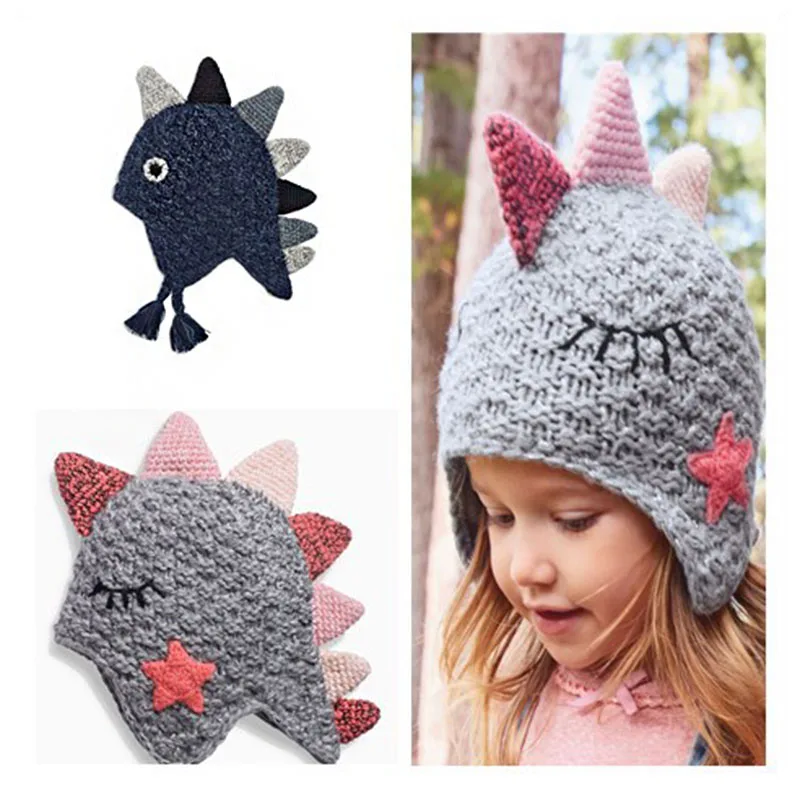 

2021 cute dinosour autumn winter hand knitted hat for baby boy girl knit hat for baby kids child crochet baby hat 1-6 Years baby