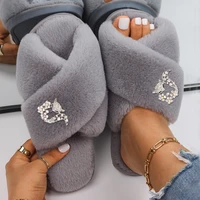 slippers women fluffy slides cute fox decor luxury designer sandals ladies faux fur flip flops flat slippers furry shoes 2022