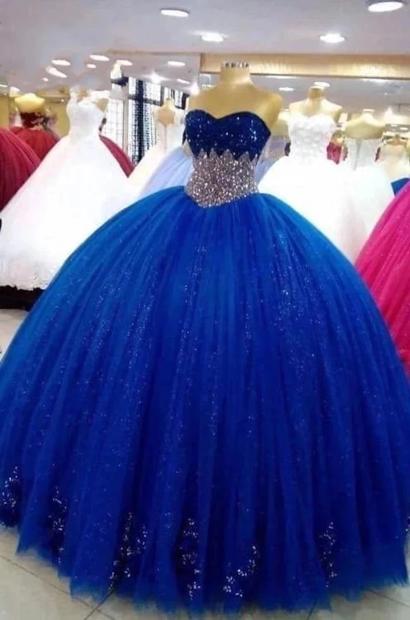 

Royal Blue Sweetheart Ball Gown Princess Quinceanera Dress Beads Appliques Tulle Vestidos De Princess Party Gowns