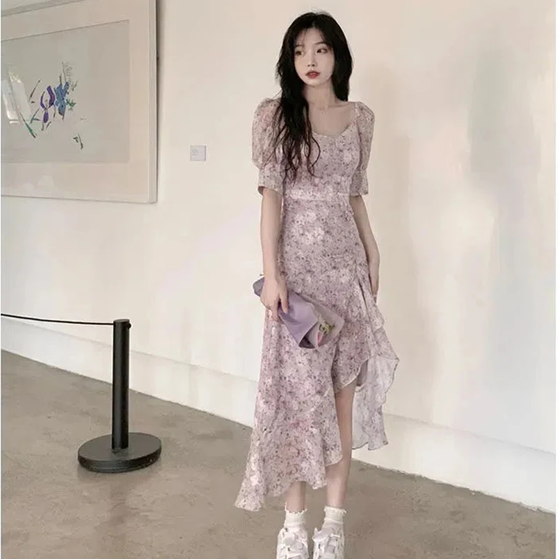 

Summer Short Sleeve Floral Dress Woman Beach Party One Piece Dresses French Elegant Midi Vestidos Casual Split Irregular Robe