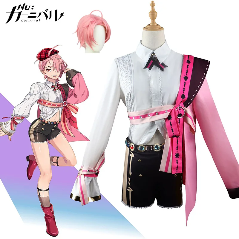 

Nu Carnival Aster Cosplay Costume Wig Coat Shirt Shorts Pink Hair Hat Game Role Play Uniform Halloween Christmas Party Suit