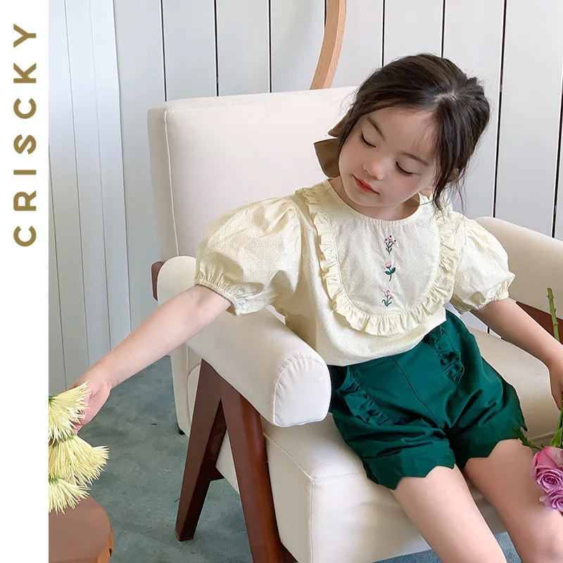 

2023 Children Clothing Set Summer Short Sleeve Floral Embroidery Shirts Solid Shorts 2pcs Set Kids Clothes Girl Suits