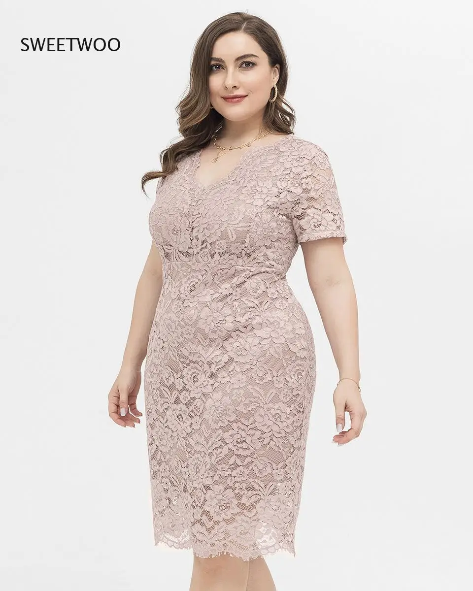 Plus Size Lace Dress Women Elegant Pencil Midi Dress With V Neck Big Size Casual Pink Dresses Short Sleeve Summer Dress XL-XXXXL