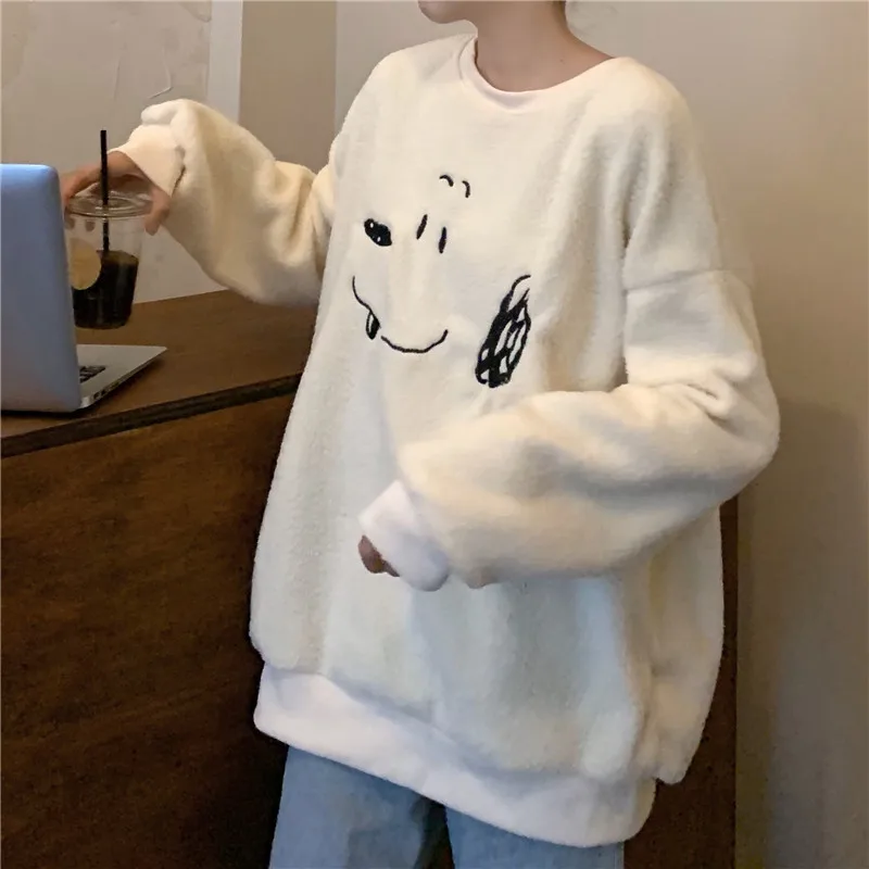 

Sweet Girly Style Winter New Women Casual Sweatshirt Couple Jumper Apricot Lamb Wool Embroidery Cute Puppy Female Loose Pullover