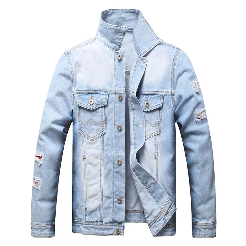 

Denim 2022 Men's Loose Patch Light Blue Men's Ripped Denim Shirt Men's Jacket Long Sleeve