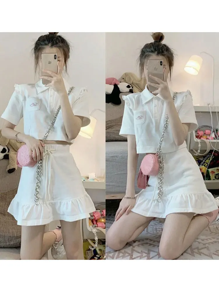 

Japanese Short Skirt Suits Women Ruffled 2022 Summer New Korean Polo Collar Top+High Waist Pleated Skirt Two-piece Clothes Trend