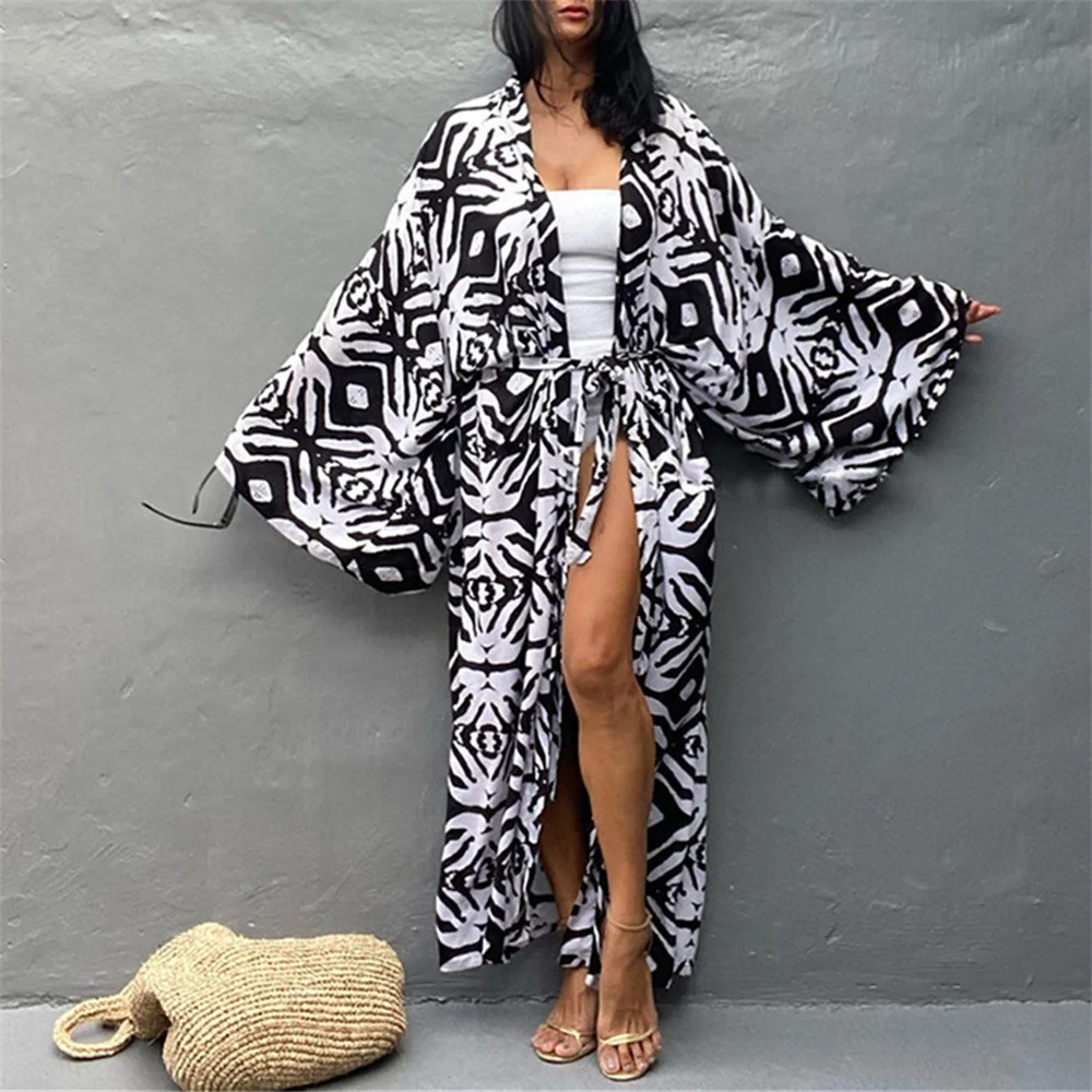 2022 Bohemian Print White Beach Bikini Cover Up Dress Tunic Long Pareos Bikinis Elegant Self Belted Kimono Robe Plage Beachwear |