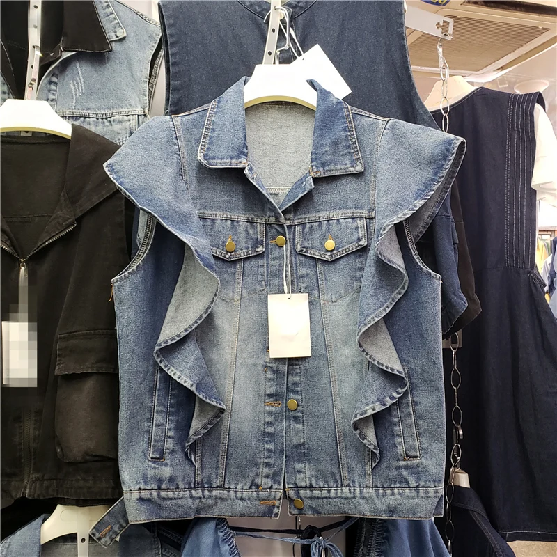 

Autumn New Women Casual Ruffles Splicing Dark Blue Denim Vest Lapel Single Breasted Sleeveless Female Jeans Jacket Veste Femme
