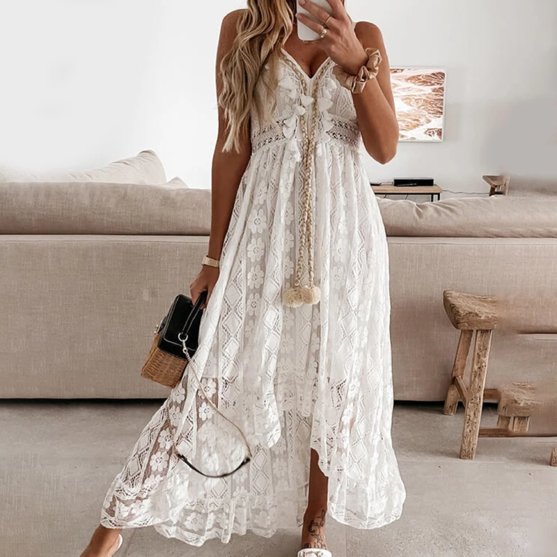 

V-neck Lace Up Cover Up For Woman White Sexy Lace Loose Holiday Beach Slip Dress 2023 Summer Maxi Dress Beachwear