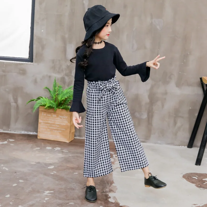 

Kids Clothes Spring Autumn Girls Clothes Fashion Flared Sleeve T-shirt + Plaid Wide Leg Pants 2Pcs Teens Tracksuit 6 8 10 12Yrs