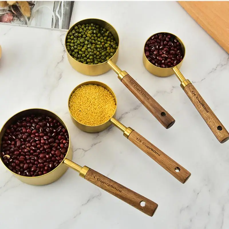 

Acacia Wooden Handle Stainless Steel Measuring Cup Measuring Spoon Eight-piece Set Kitchen Baking Tool Scale Measuring Spoon Set