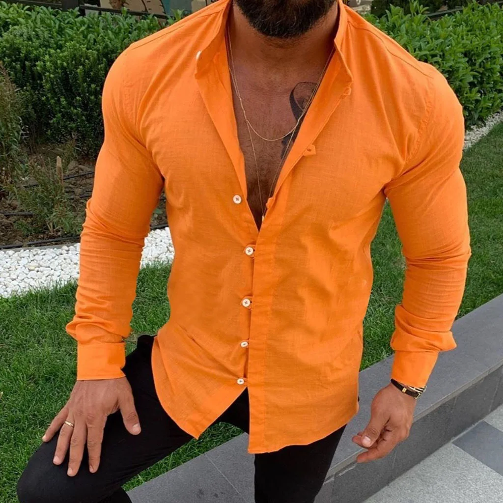 

New Long Sleeve Button Stand Collar Men's Cotton Linen Shirt Buckle Casual Top