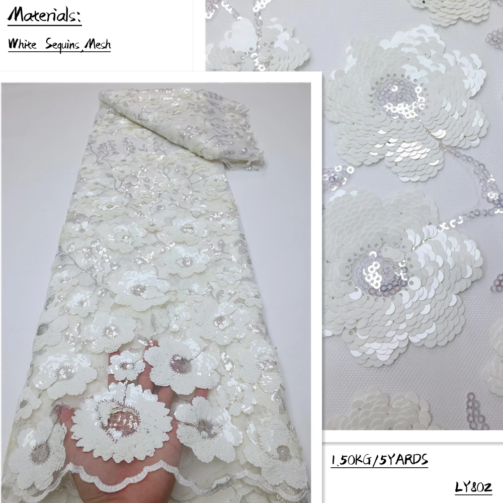 

PGC White Women's Textile Sewing Materials 5 Yards High Quality 2022 3D Sequins Arican Lace Fabric For Bridal LY802