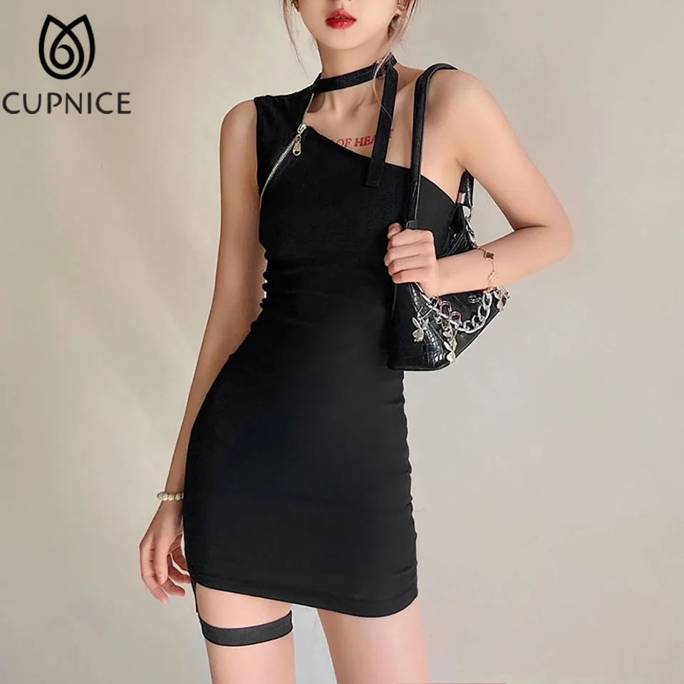

CUPNICE Solid High Waist Hollow Out Irregular Women Mini Pencil Dress Spring/summer Neck-mounted Backless Spaghetti Strap Dress