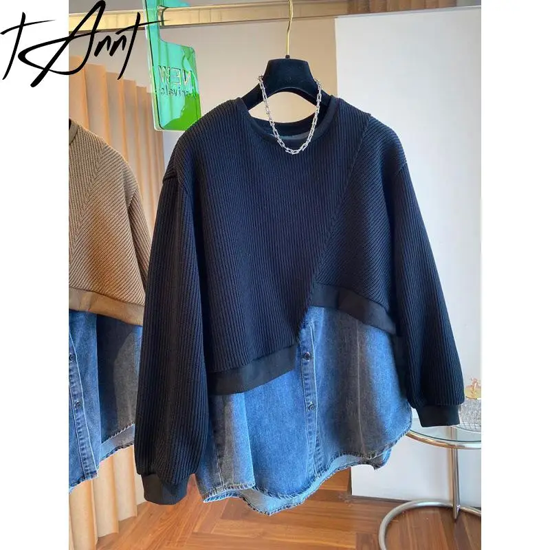 

Tannt Women Hoodies Denim Patchwork Color Matching Asymmetry Sweater Tops Fake Two Irregular Oversize Winter Coats Women 2023