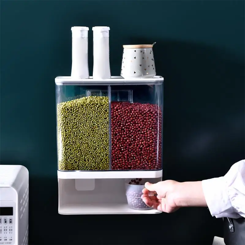 

1/1.5/3L Cereal Dispenser Plastic Clear Wall Mounted Divided Rice Dry Food Container Storage Organizer for Home Kitchen