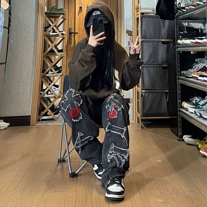 

High Street Letter Embroidered Jeans Woman Oversized Retro Street Baggy Jeans American Casual Distressed Mid Waist Y2K Pants