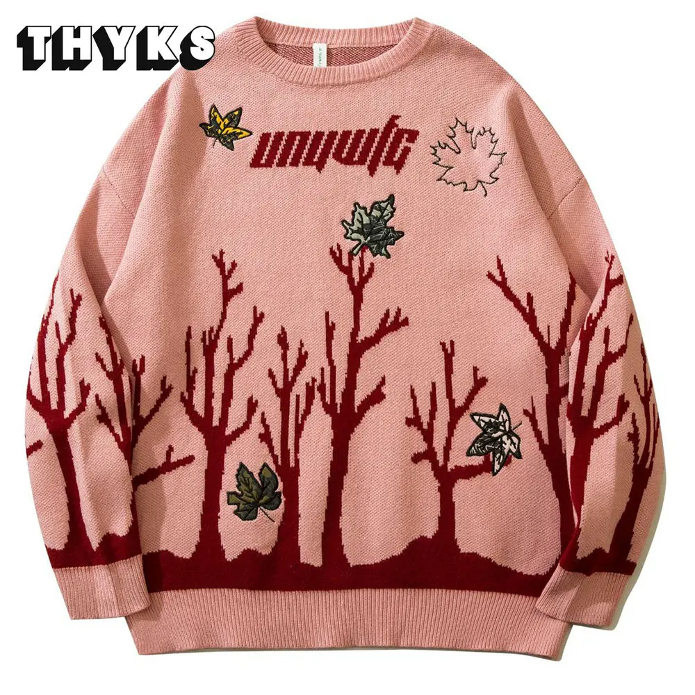 

Японский Свободный вязаный свитер, мужская мода, Осень-зима, пуловер оверсайз, парные топы с Кленовым листом, вязаный джемпер в стиле Харадзюку