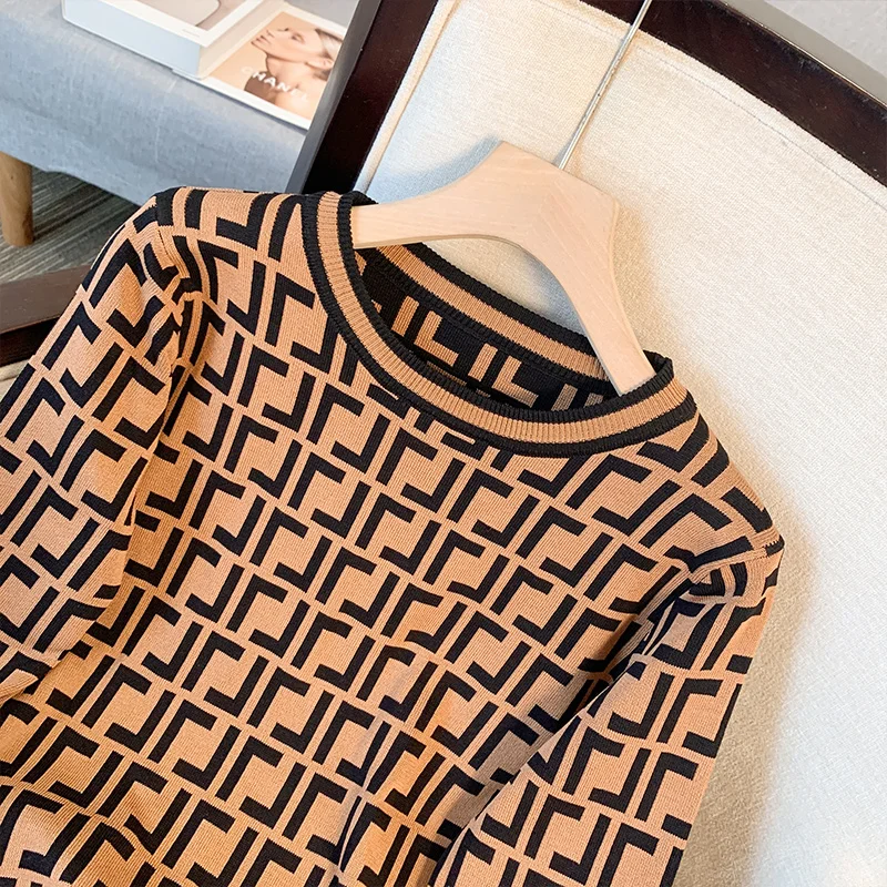 Винтажный Женский Клетчатый Жаккардовый Свитер Вязаные Пуловеры С Длинными