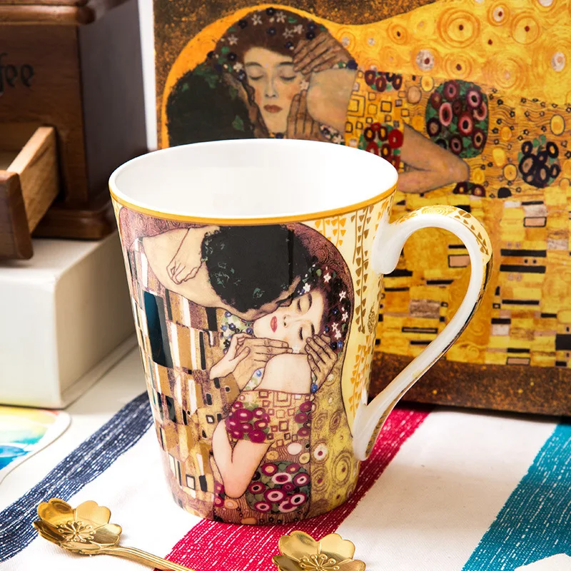 

Gustav Klimt Coffee Cup Luxury Bone China Mug Porcelain Tea Cup Breakfast Milk Cup With Gift Box For Couple and friends Gift Cup