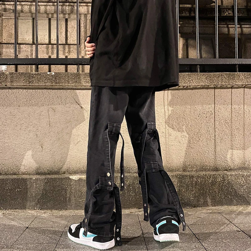 DEEPTOWN Hip Hop Straight Jeans Men Streetwear Loose Casual Denim Pants Fashion Black Ribbons Punk Trousers Male Spring Autumn
