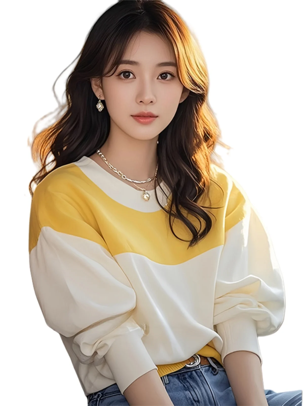 Желто-белая свободная рубашка контрастного цвета с длинными рукавами для женщин