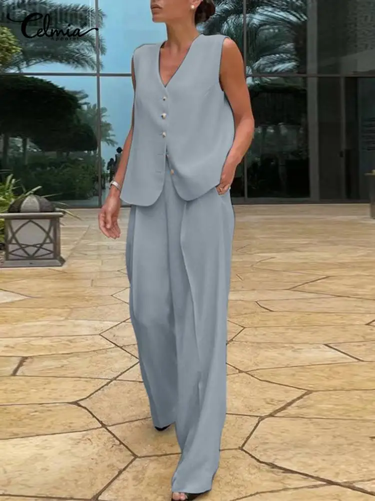 

Celmia Fashion Casual Pant Sets Lightweight Streetwear V Neck Vest and Elastic Waist Baggy Pant 2022 Summer 2 Piece Outfit Suits