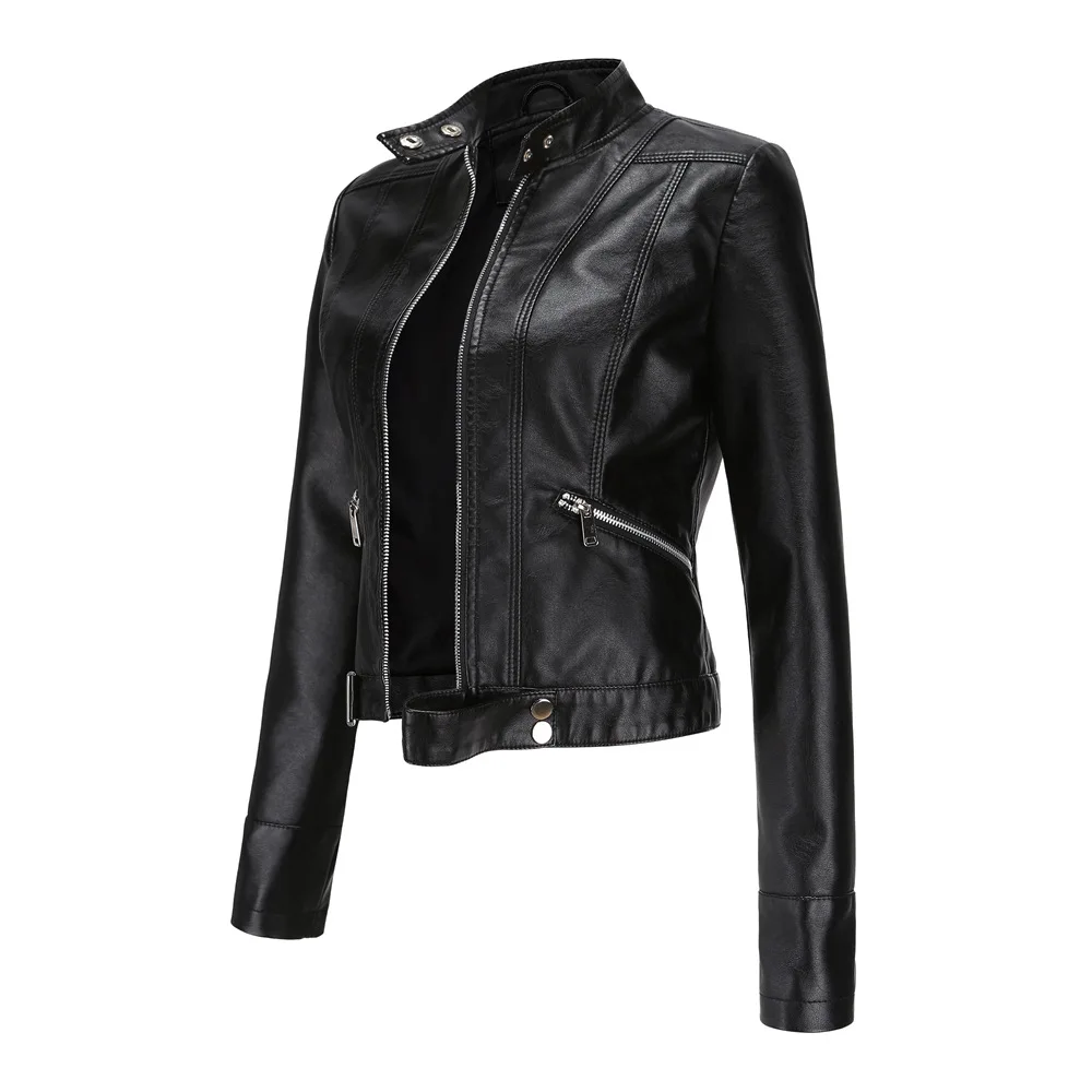 Autumn Women Short Faux PU Jacket Slim Fashion Punk Stand Collar Outwear Slim Motorcycle Biker Leather Jacket Casual Bomber Coat