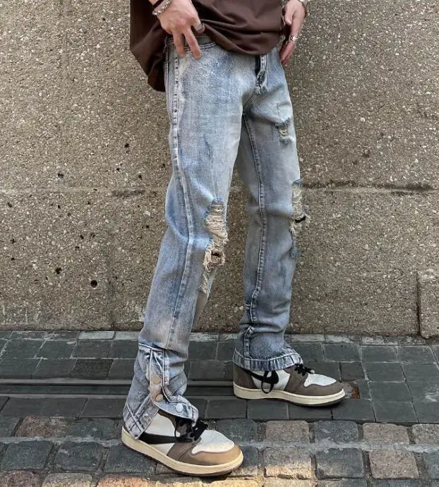 High Street Washed Jeans Hip Hop Worn Out Ripped Hole Breasted Slit Jeans Straight Denim Pants