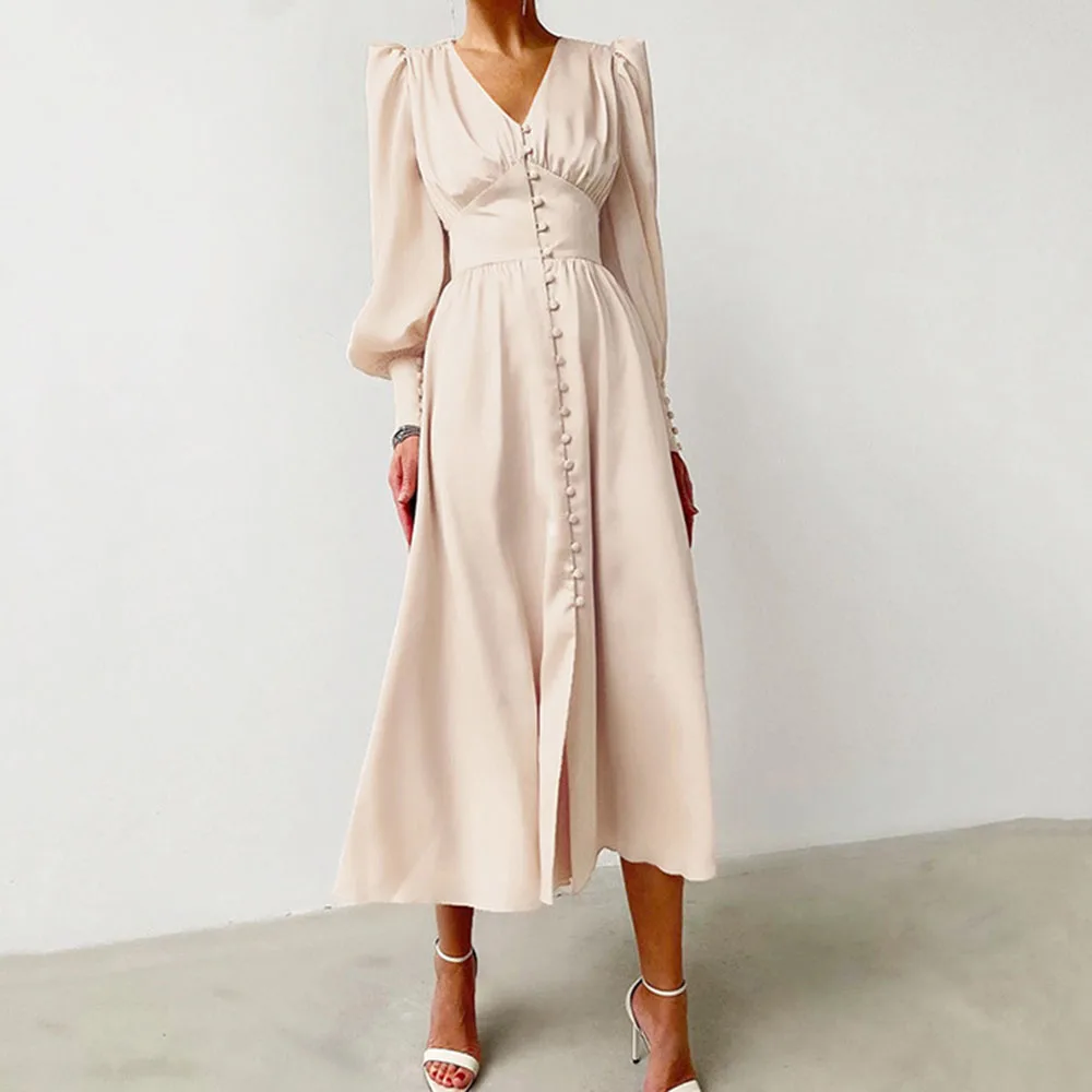 

2022 Spring New Dress Women's Satin Design Sense Lantern Sleeves Waist Temperament Commute OL Slim Fit Female One Piece Dresses