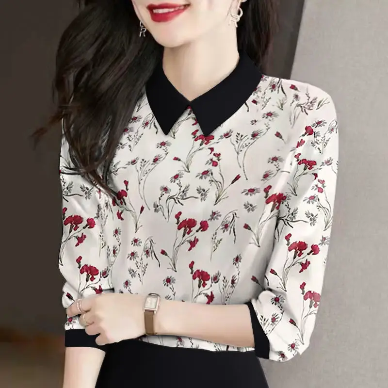

Add Thin Velvet Lapel Bottoming Shirt Female Mother's New Printing Fashion Doll Collar Long Sleeve T-shirt Top Plus Size 4XL