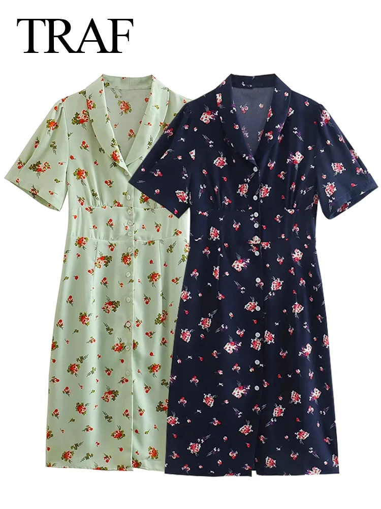 

TRAF Fashion Floral Short Sleeve Dress Temperament Lapel High Waist Single Breasted Slim Commuter Daily Long Dress Women Wear