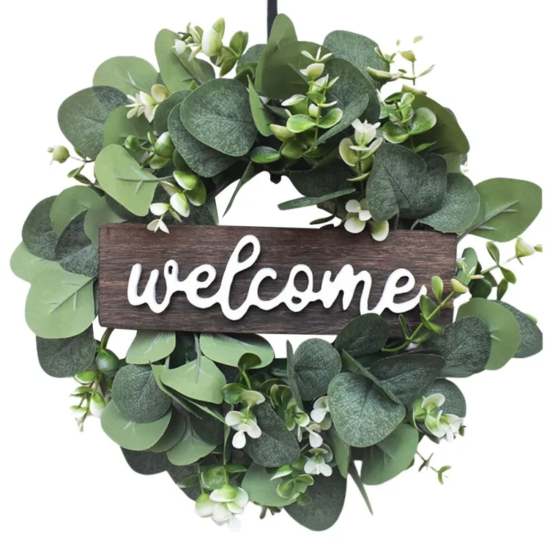 

2022 Sale Artificial Wreath Front Door Welcome Sign Decor Round Farmhouse Porch Wooden Hanging Sign Decoration Home 30CM