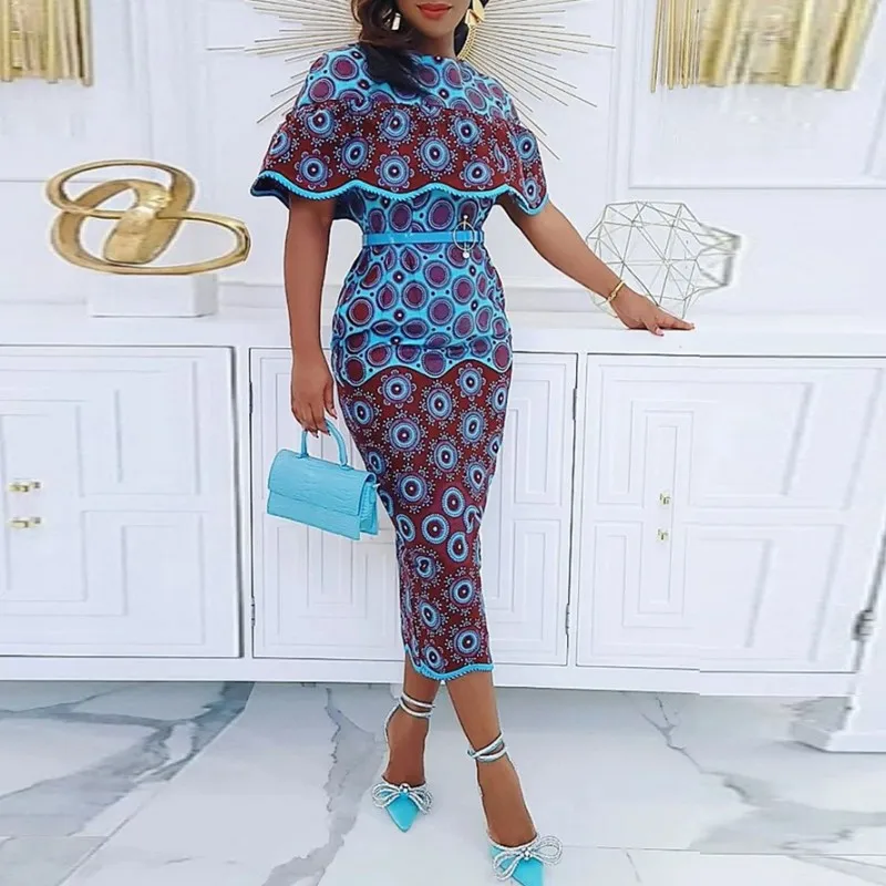 

2 Piece Sets African Dresses For Women Summer Dashiki O-Neck Sexy Print Short Sleeve Vestidos Fashion Casual Pencil Dress 2022