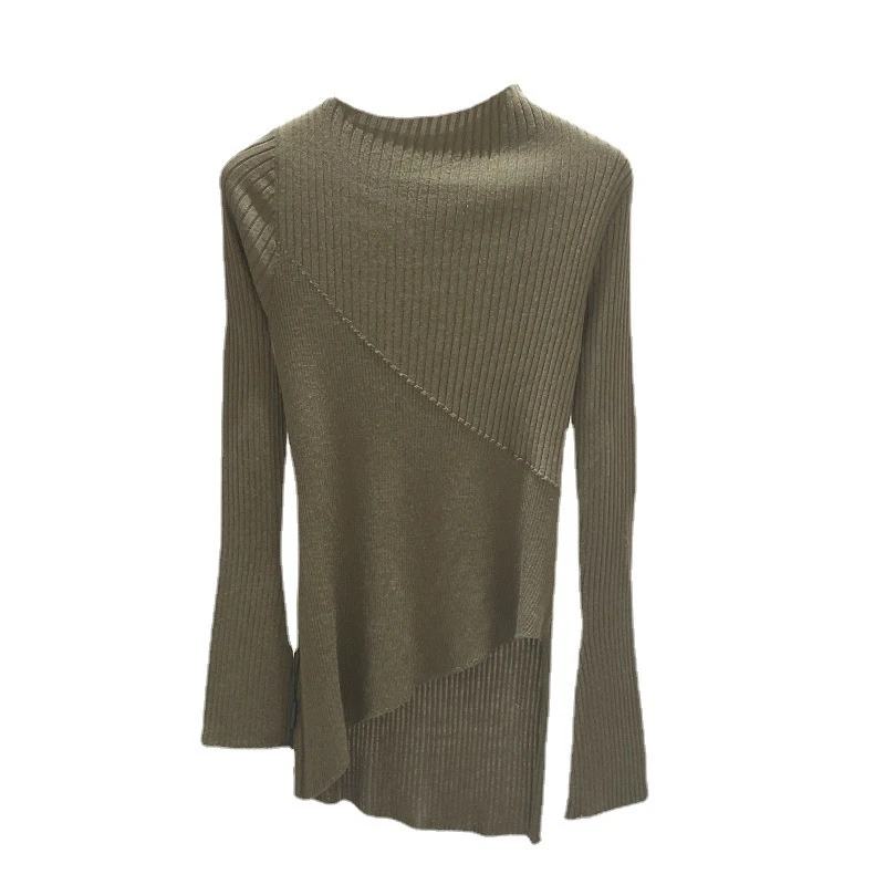Модный пуловер зеленый топ Женский Асимметричный шерстяной свитер из шерсти