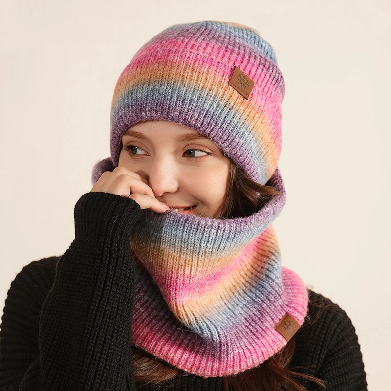 

2pcs Winter Hat Snood Scarf Set for Women 2022 Colorful Striped Beanies Hat for Women Neck Warmer Plush Lining Winter Sets Gift